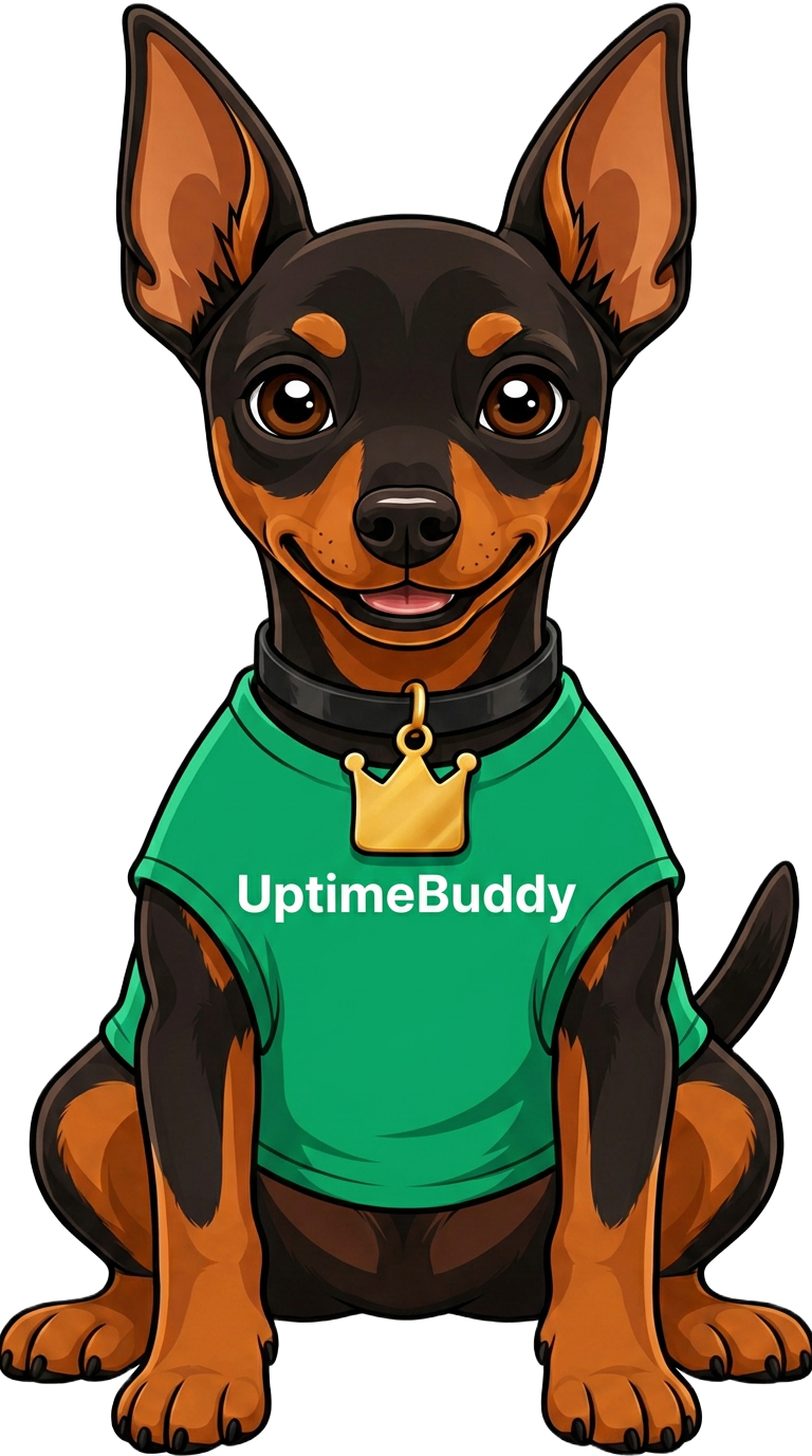 UptimeBuddy mascot — a Miniature Pinscher watchdog wearing a green UptimeBuddy shirt